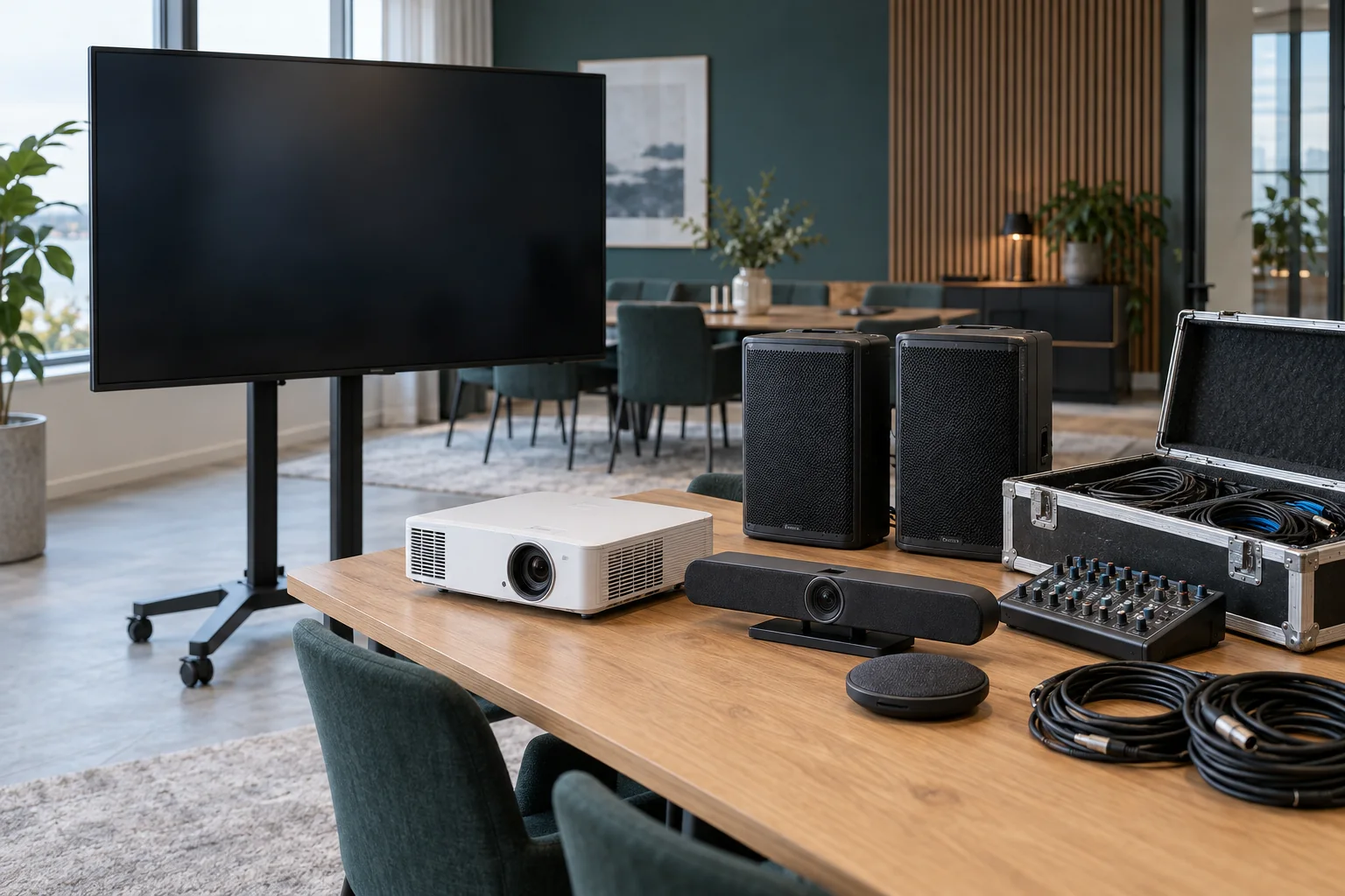 Illustration av begagnad AV-utrustning med bildskärm, projektor, konferenskamera, mikrofon och högtalare