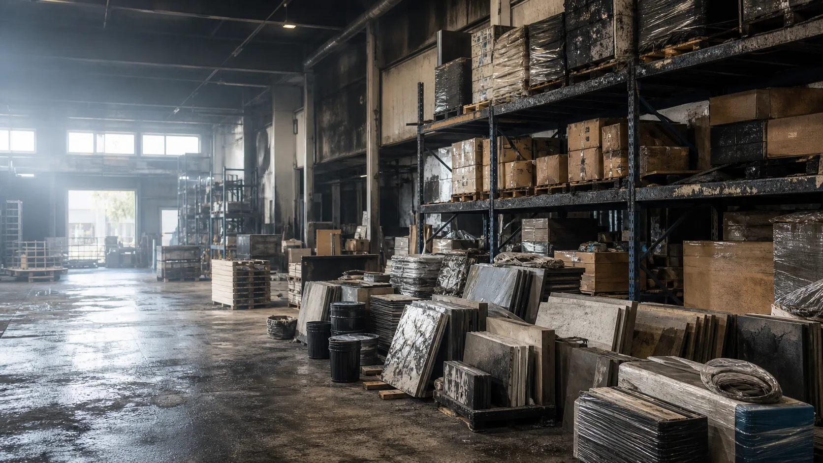 Illustration of soot-affected building materials and palletised goods in a warehouse after a fire
