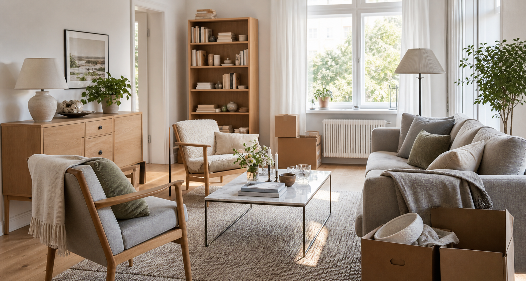 Living room with furniture that can be sold as one complete estate