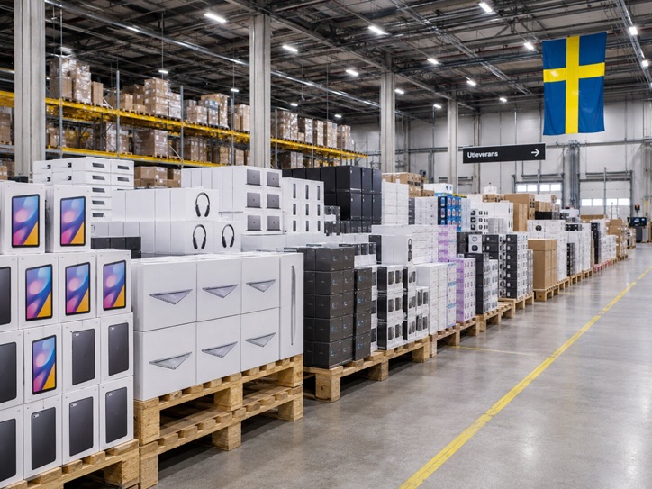 Överskottslager av elektronik och hemelektronik på pallar i distributionscenter