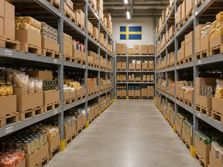 Överskottslager av livsmedel och torra varor i kartonger på lagerhylla