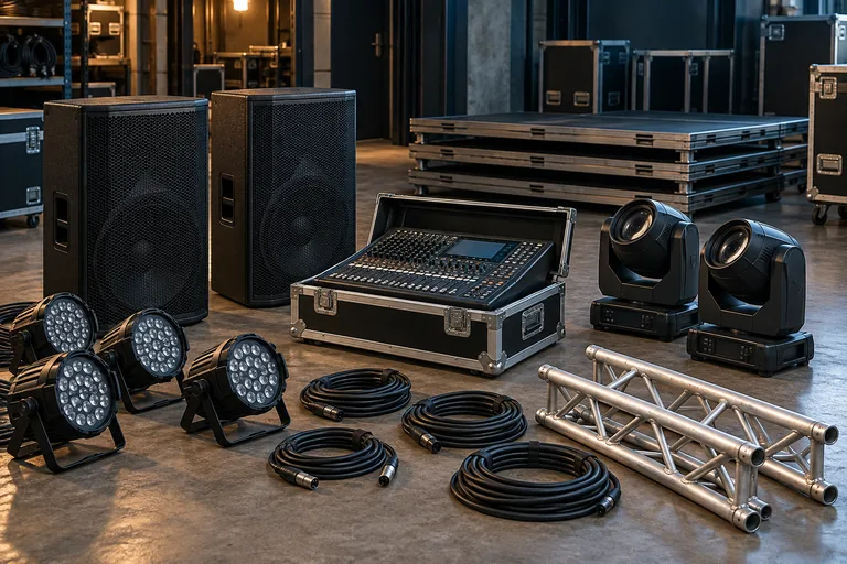 Illustration av scenteknik med PA-högtalare, moving heads, mixerbord och tross