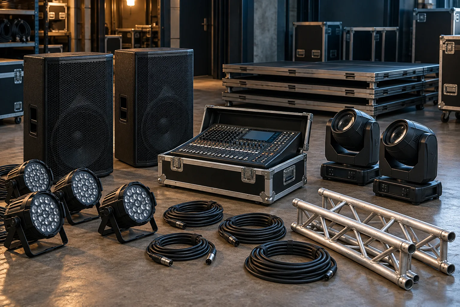 Illustration of used stage equipment including PA speakers, a mixing console, moving heads, LED fixtures, truss and flight cases